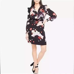 Ann Taylor Black Pink Floral Dress L Long Sleeves A-line Romantic Career Office